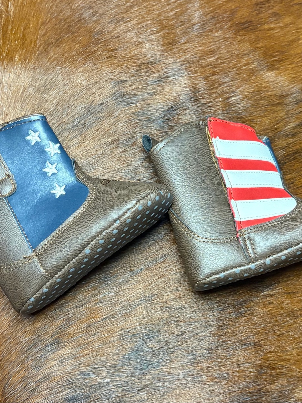 6-9 Months Rising Star Brown Boots with Red & Blue Flag Details